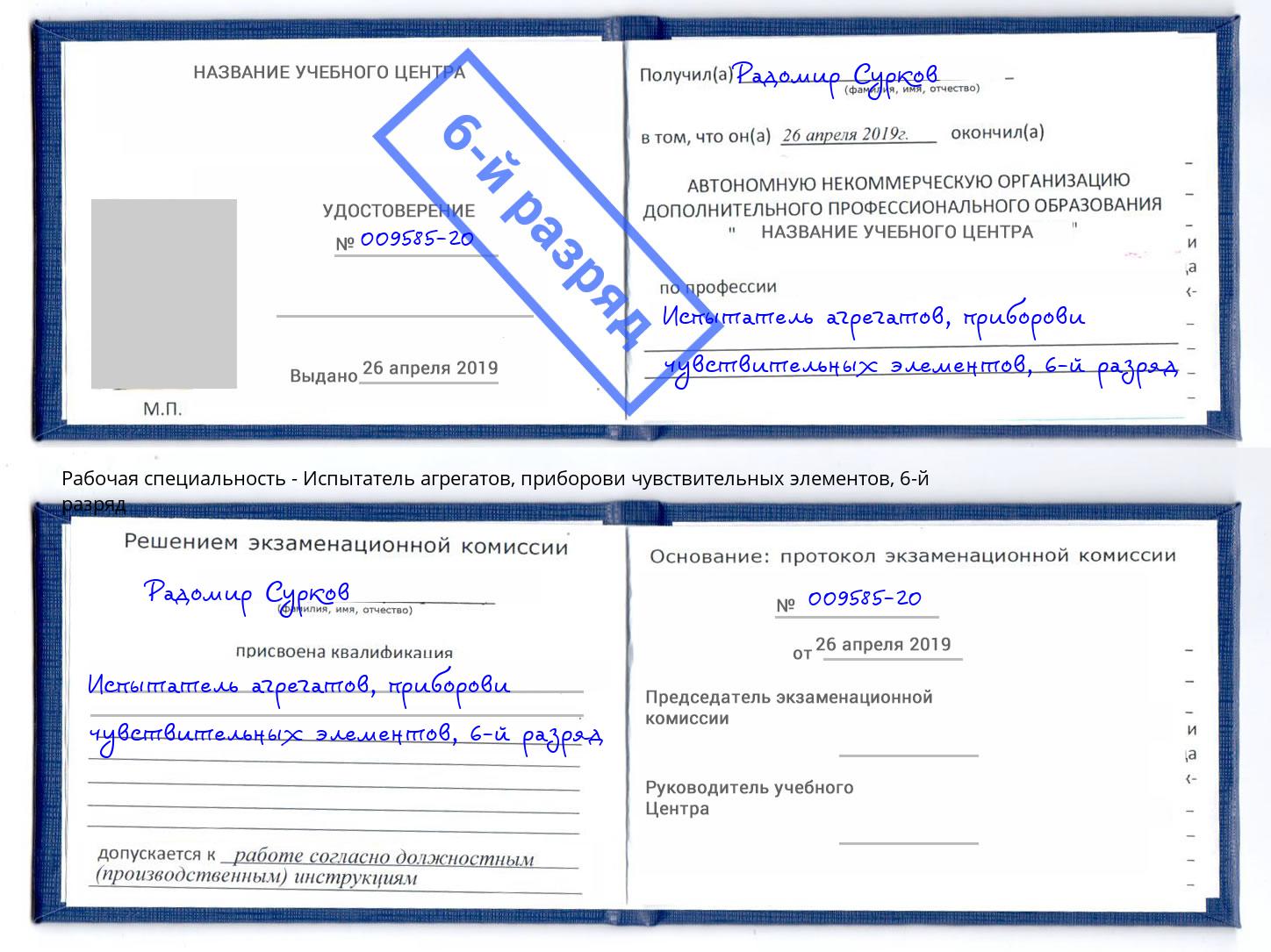 корочка 6-й разряд Испытатель агрегатов, приборови чувствительных элементов Конаково