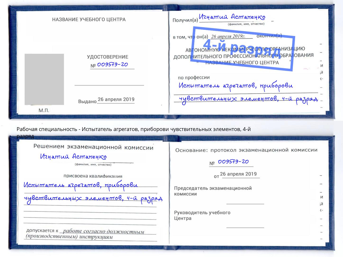 корочка 4-й разряд Испытатель агрегатов, приборови чувствительных элементов Конаково