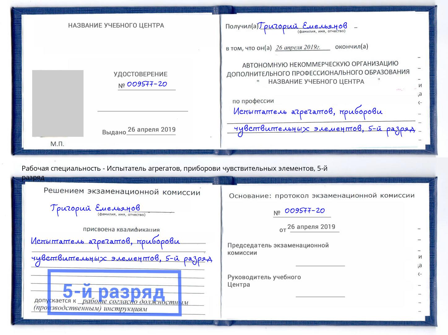 корочка 5-й разряд Испытатель агрегатов, приборови чувствительных элементов Конаково