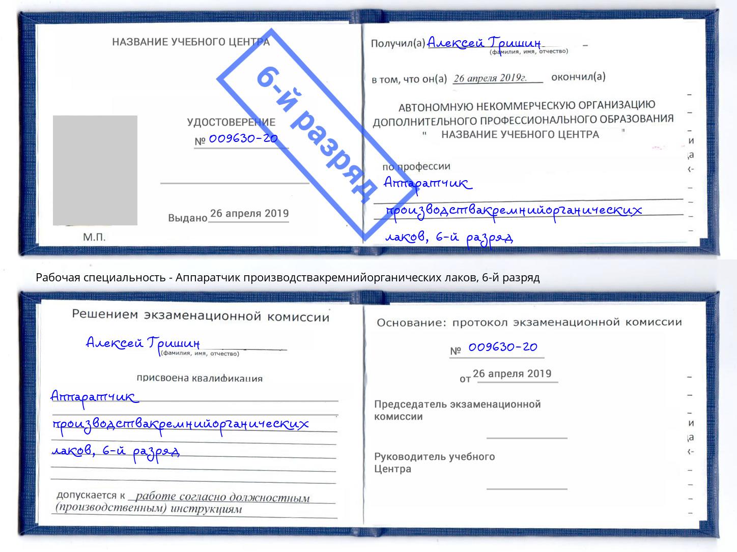 корочка 6-й разряд Аппаратчик производствакремнийорганических лаков Конаково